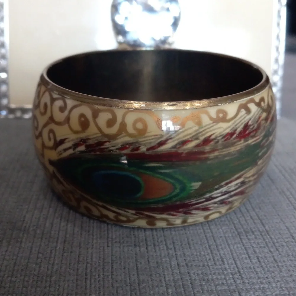 Vintage Peacock Feather Brass & Cloisonné Chunky Bangle Bracelet Boho